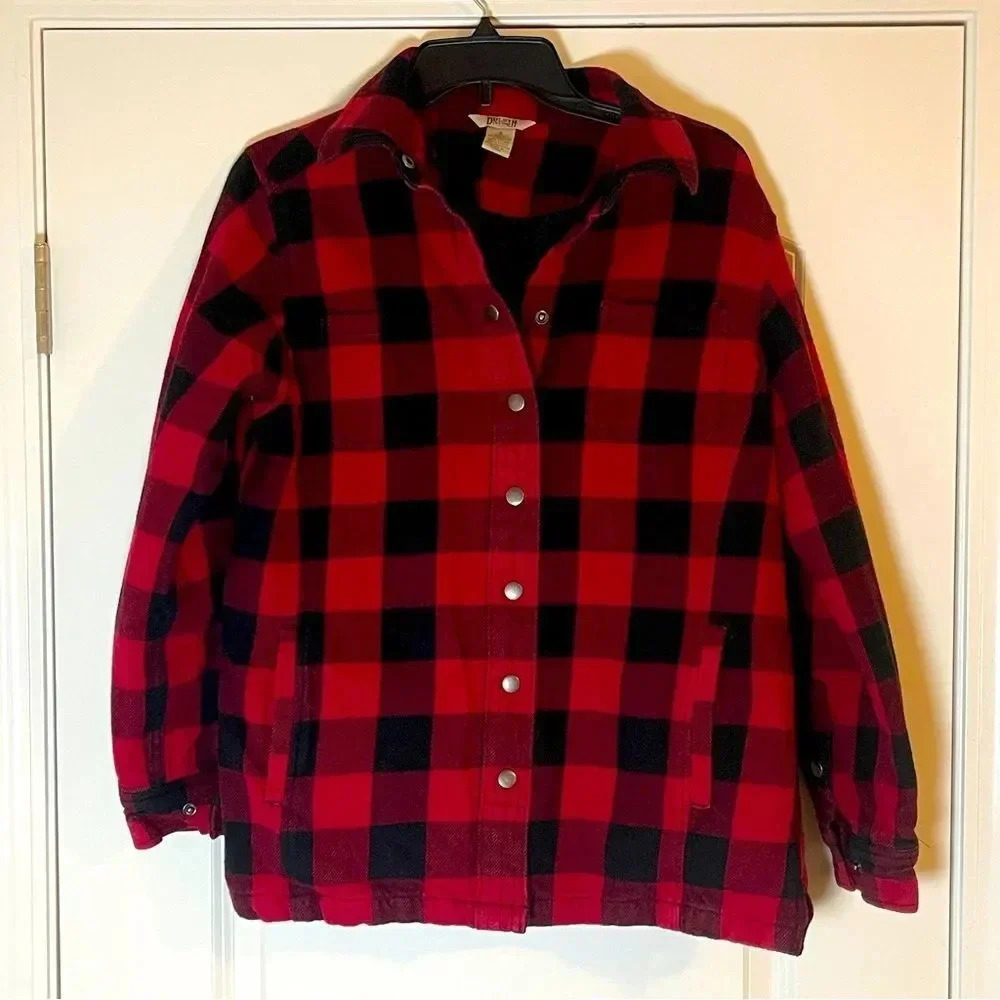 Duluth Trading Flapjack Red Plaid Flannel Snap Front Quilted Shirt Jacket Small